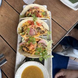 Barcocina signature dishes Grilled Chicken TacosQueso FundidoYucca Frites